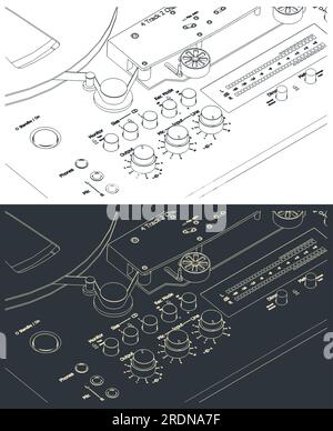 Stylized vector illustrations of tape drive mechanism of reel-to-reel tape recorder close-up Stock Vector