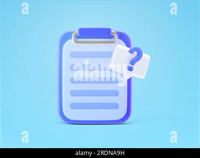 3d clipboard, document, file with question mark, chat or thinking bubble, isolated on background. Icon Concept for questionnaire, survey, exam, research. 3d vector illustration. Vector illustration Stock Vector