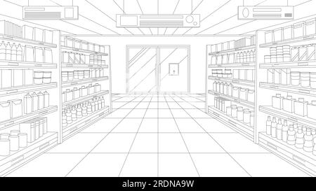 Supermarket or grocery store aisle, perspective sketch of interior vector illustration. Abstract black line retail shop inside, hypermarket shelves full of food products and variety of packages Stock Vector