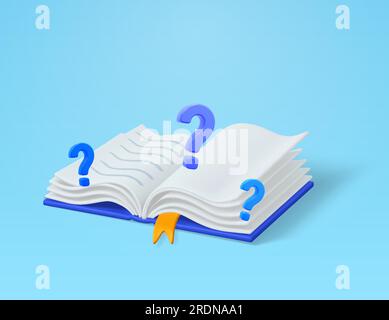 3d opened book with question marks, isolated on background. Concept for exam, education, study, learning, school, college, class. 3d vector illustration. Vector illustration Stock Vector