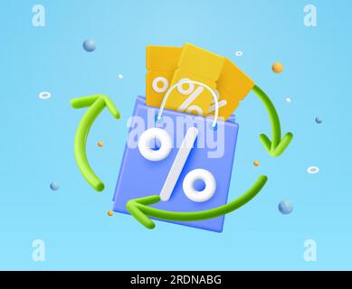 3d shopping bag with yellow vouchers, coupon, percentage icon, green cycle arrows, isolated background. Concept for advertising banner, discount, sale off, black Friday, cashback. Vector illustration. Vector illustration Stock Vector