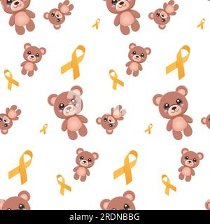 International Childhood Cancer Awareness Month baby sick pattern seamless teddy bear and yellow ribbon Stock Vector