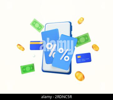 3d vouchers or coupons with smartphone, floating dollar, banking credit card, golden coins, isolated on white background. Concept for cash back, payment, sale promotion. 3d vector illustration. Vector illustration Stock Vector