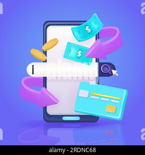 3d smart phone with bills, coins, credit cards, search bar and arrows all around. Cashback concept. Cashback for purchases in online stores, suitable Stock Vector