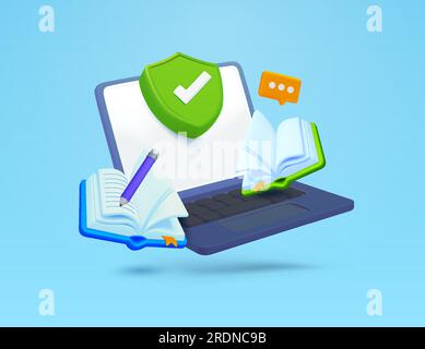 3d laptop with green check mark, shield, opened books, pencil, thinking or chat bubble, isolated on background. Concept for education, online learning, safe connection, study. 3d vector illustration. Vector illustration Stock Vector