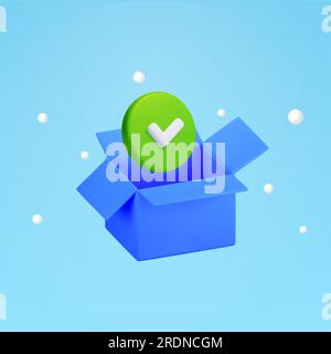 3d blue opened box or package with green check mark, isolated on background. Concept for successful delivery, shopping, purchase, buy, shipping, logistics. 3d vector illustration. Vector illustration Stock Vector