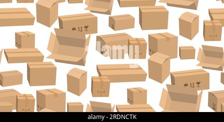 Cardboard closed brown box with scotch tape and labels seamless pattern. Delivery cargo box with fragile care sign symbol, handling with care, protect Stock Vector