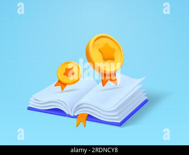 3d opened book with golden medals, isolated on background. Concept for premium writing, content, school, lecuture, graduation, 3d vector illustration. Vector illustration Stock Vector