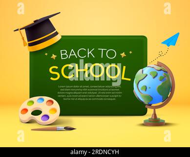 3d class chalkboard, with graduation cap or hat, globe, painting palette, bursh, isolated on background. Banner template for back to school, new semester, art course, student. Vector illustration. Vector illustration Stock Vector