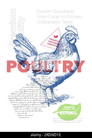 Poultry shop advertising poster with vintage chicken sketch. Butchery market retro print. Butcher label creative typography template. Natural farm meat product placard engraving hen hand drawn artwork Stock Vector