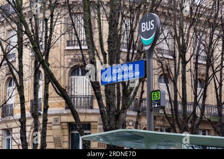 Paris, France - January 20, 2022: Jean Nicot - Eglise Americaine bus stop sign in Paris, France. Stock Photo