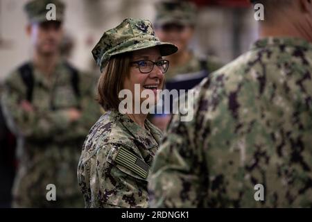 San Diego, United States. 30 January, 2023. U.S. Vice Chief of Naval Operations Adm. Lisa Franchetti, center, visits the amphibious assault carrier USS Tripoli, January 30, 2023 in San Diego, California. President Joe Biden has nominated Franchetti to lead the Navy, as the first woman to be a U.S. military service chief.  Credit: MC1 Danian Douglas/US Navy/Alamy Live News Stock Photo