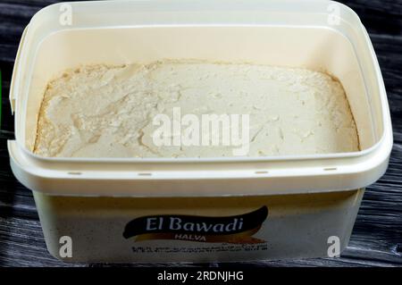 Cairo, Egypt, July 18 2023: El Bawadi Halva Traditional plain tahini halva or Halawa Tahiniya, the primary ingredients in this confection are  (tahini Stock Photo