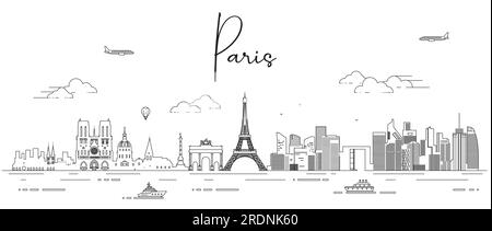 Paris skyline line art vector illustration Stock Vector
