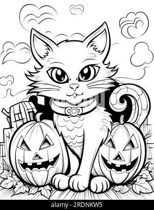 Halloween theme colouring page with a pumpkin and cat as the subject Stock Photo