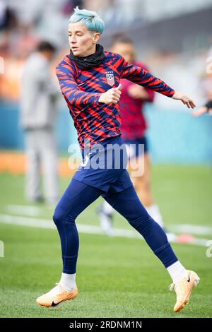 United States' Megan Rapinoe warms up before the Women's World Cup Group E  soccer match between the United States and Vietnam at Eden Park in  Auckland, New Zealand, Saturday, July 22, 2023. (