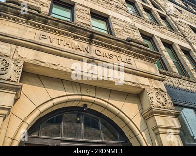 The Pythian Castle in Toledo, Ohio, is a Romanesque-style building built in 1890. Located in Toledo's Center City at the corner of Jefferson Avenue an Stock Photo