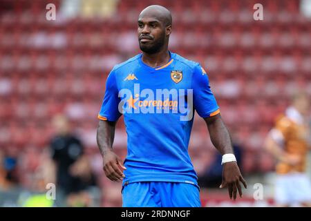 Bradford, UK. 22nd July, 2023. 'scar Estupiñán #19 of Hull City during the Pre-season friendly match Bradford City vs Hull City at University of Bradford Stadium, Bradford, United Kingdom, 22nd July 2023 (Photo by James Heaton/News Images) in Bradford, United Kingdom on 7/22/2023. (Photo by James Heaton/News Images/Sipa USA) Credit: Sipa USA/Alamy Live News Stock Photo