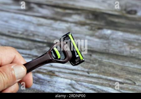 Six blade razor system with trimmer, smooth shaving with a patented six-blade shaving platform, double lubricating strips moisturizing the skin to eff Stock Photo