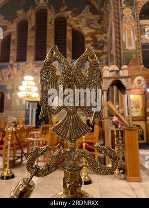 Interior view from the church of Agii Taxiarches (The Holy Temple of the Greatest Brigadiers) in Kalamata city, Messenia, Greece Stock Photo