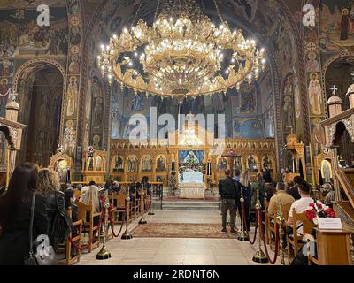 Interior view from the church of Agii Taxiarches (The Holy Temple of the Greatest Brigadiers) in Kalamata city, Messenia, Greece Stock Photo