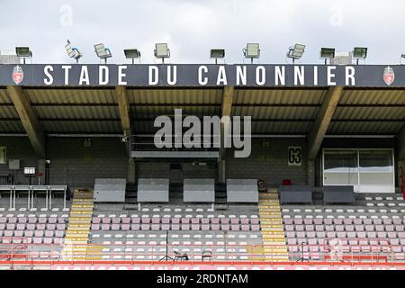 Mouscron, Belgium. 22nd July, 2023. Stade du Canonnier pictured before a friendly pre-season game ahead of the 2023 - 2024 Challenger Pro League season between KMSK Deinze and Winkel Sport on July 22, 2023 in Mouscron, Belgium. Credit: sportpix/Alamy Live News Stock Photo