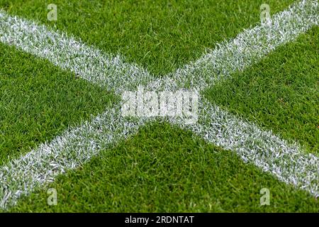 Mouscron, Belgium. 22nd July, 2023. Lines on the field pictured before a friendly pre-season game ahead of the 2023 - 2024 Challenger Pro League season between KMSK Deinze and Winkel Sport on July 22, 2023 in Mouscron, Belgium. Credit: sportpix/Alamy Live News Stock Photo