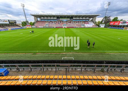 Mouscron, Belgium. 22nd July, 2023. Stadion Moeskroen pictured before a friendly pre-season game ahead of the 2023 - 2024 Challenger Pro League season between KMSK Deinze and Winkel Sport on July 22, 2023 in Mouscron, Belgium. Credit: sportpix/Alamy Live News Stock Photo