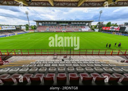 Mouscron, Belgium. 22nd July, 2023. Stadion Moeskroen pictured before a friendly pre-season game ahead of the 2023 - 2024 Challenger Pro League season between KMSK Deinze and Winkel Sport on July 22, 2023 in Mouscron, Belgium. Credit: sportpix/Alamy Live News Stock Photo