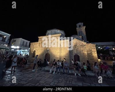 KALAMATA - GREECE, JANUARY 2022: The Historical Byzantine church Agioi Apostoloi (The Holy Apostles) built in 13th century with the brick enclosed mas Stock Photo