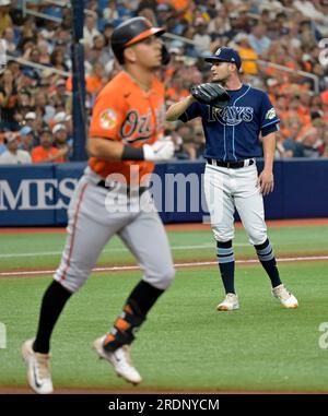Baltimore, United States. 16th Apr, 2022. Baltimore Orioles shortstop Ramon  Urias (R) is called out on a strike as New York Yankees catcher Kyle  Higashioka (L) gestures during the seventh inning of