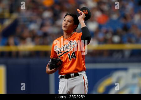 Baltimore Orioles relief pitcher Shintaro Fujinami, left, reacts with  catcher Adley Rutschman, right, during the baseball game against the  Philadelphia Phillies, Tuesday, July 25, 2023, in Philadelphia. The  Phillies won 4-3. (AP