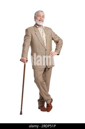 Senior man with walking cane on white background Stock Photo