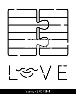 Love compatibility, puzzle and word of love, vector black line icon Stock Vector