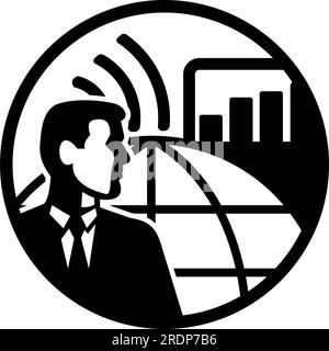 Retro style illustration of a businessman industrial engineer with internet connectivity, globe, sales graph, industrial buildings set inside circle o Stock Photo