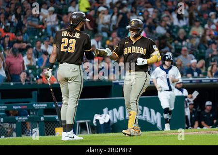 San Diego Padres' Ha-Seong Kim, right, celebrates his home run with Fernando  Tatis Jr. (23) against the Detroit Tigers in the sixth inning of a baseball  game, Saturday, July 22, 2023, in Detroit. (AP Photo/Paul Sancya Stock  Photo - Alamy