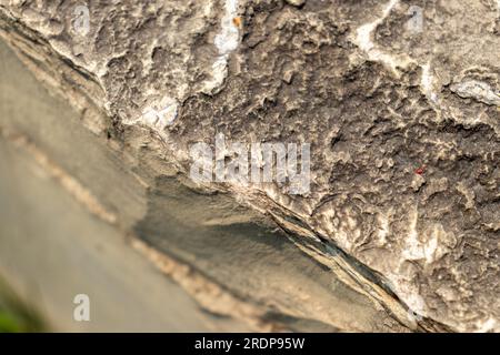 Close-up of rough, jagged rock surface with brown, gray, white and red colors - bottom left corner blurred Stock Photo