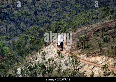 Windfarm Turbine Blade being transported by truck up to site at top of Mt Edith, Atherton Tablelands, Australia. Stock Photo