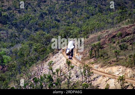 Windfarm Turbine Blade being transported by truck up to site at top of Mt Edith, Atherton Tablelands, Australia. Stock Photo