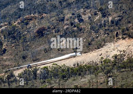 Windfarm Turbine Blade being transported by truck up to site at top of Mt Edith, Atherton Tablelands, Australia. Stock Photo