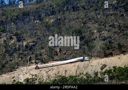 Windfarm Turbine Blade being transported by truck up to site at top of Mt Edith, Atherton Tablelands, Australia. Stock Photo