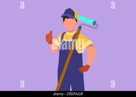 Cartoon flat style drawing active handyman holding long paintbrush roll with thumbs up gesture is ready to work on painting wall and repairing damaged Stock Photo