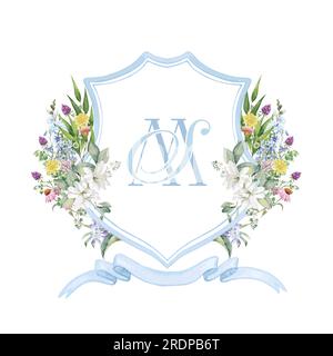 SM, MS initial painted hand-drawn light purple watercolor wedding crest design with eucalyptus, lilac, yellow carnation and wildflowers vector illustration Stock Vector