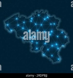Belgium network map. Abstract geometric map of the country. Digital connections and telecommunication design. Glowing internet network. Stock Vector