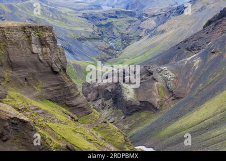 Skogar river canyon with green vegetation and wierd rock formations. South of Iceland near Thorsmork between the glaciers of Tindfjallajokull and Eyja Stock Photo