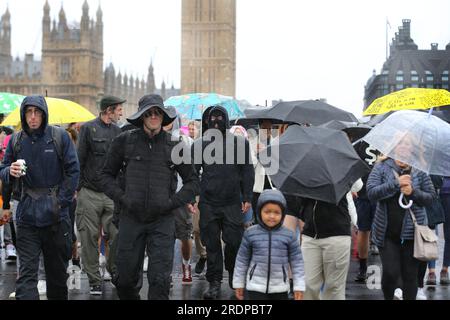 London, UK. 22nd July, 2023. Protesters block Westminster Bridge during the demonstration. The freedom protesters feel that many of the government's policies are taking their freedoms away since covid19 lockdown like the development of 15 minute cities, the introduction of a cashless society, ceding power to the World Health Organisation (WHO) and implementing World Economic Forum (WEF) ideas. (Photo by Martin Pope/SOPA Images/Sipa USA) Credit: Sipa USA/Alamy Live News Stock Photo