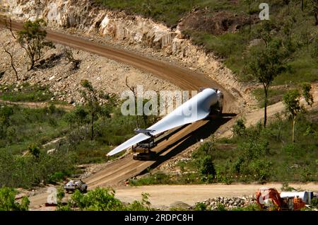 Windfarm Turbine Blade being transported by truck up to site at top of Mt Edith, Atherton Tablelands, Australia. Stock Photo