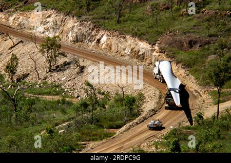 Windfarm Turbine Blade being transported by truck up to site at top of Mt Edith, Atherton Tablelands, Australia. Stock Photo