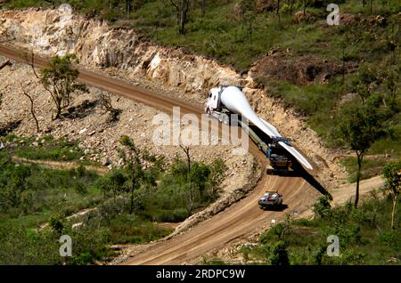 Windfarm Turbine Blade being transported by truck up to site at top of Mt Edith, Atherton Tablelands, Australia. Stock Photo