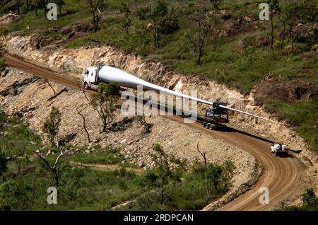 Windfarm Turbine Blade being transported by truck up to site at top of Mt Edith, Atherton Tablelands, Australia. Stock Photo